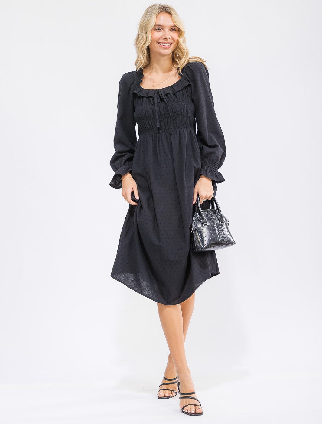WOMEN'S LONG SLEEVE SMOCK RUFFLE SWISS DOTS MIDI DRESS