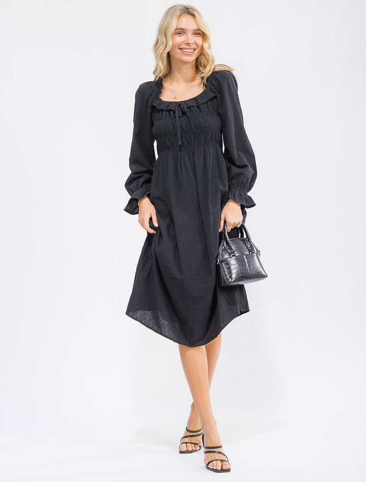 WOMEN'S LONG SLEEVE SMOCK RUFFLE SWISS DOTS MIDI DRESS