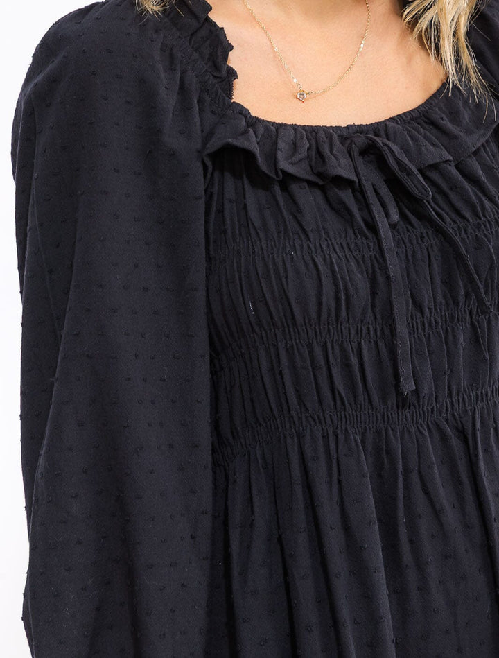 WOMEN'S LONG SLEEVE SMOCK RUFFLE SWISS DOTS MIDI DRESS