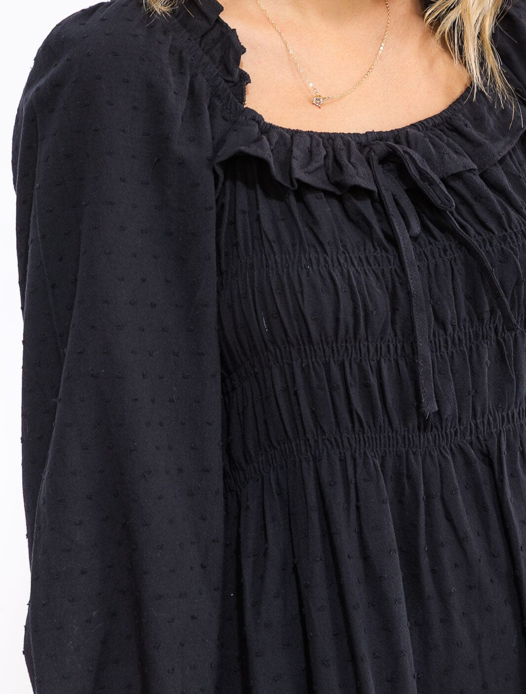 WOMEN'S LONG SLEEVE SQUARE NECK SMOCK RUFFLE SWISS DOTS MIDI DRESS –
