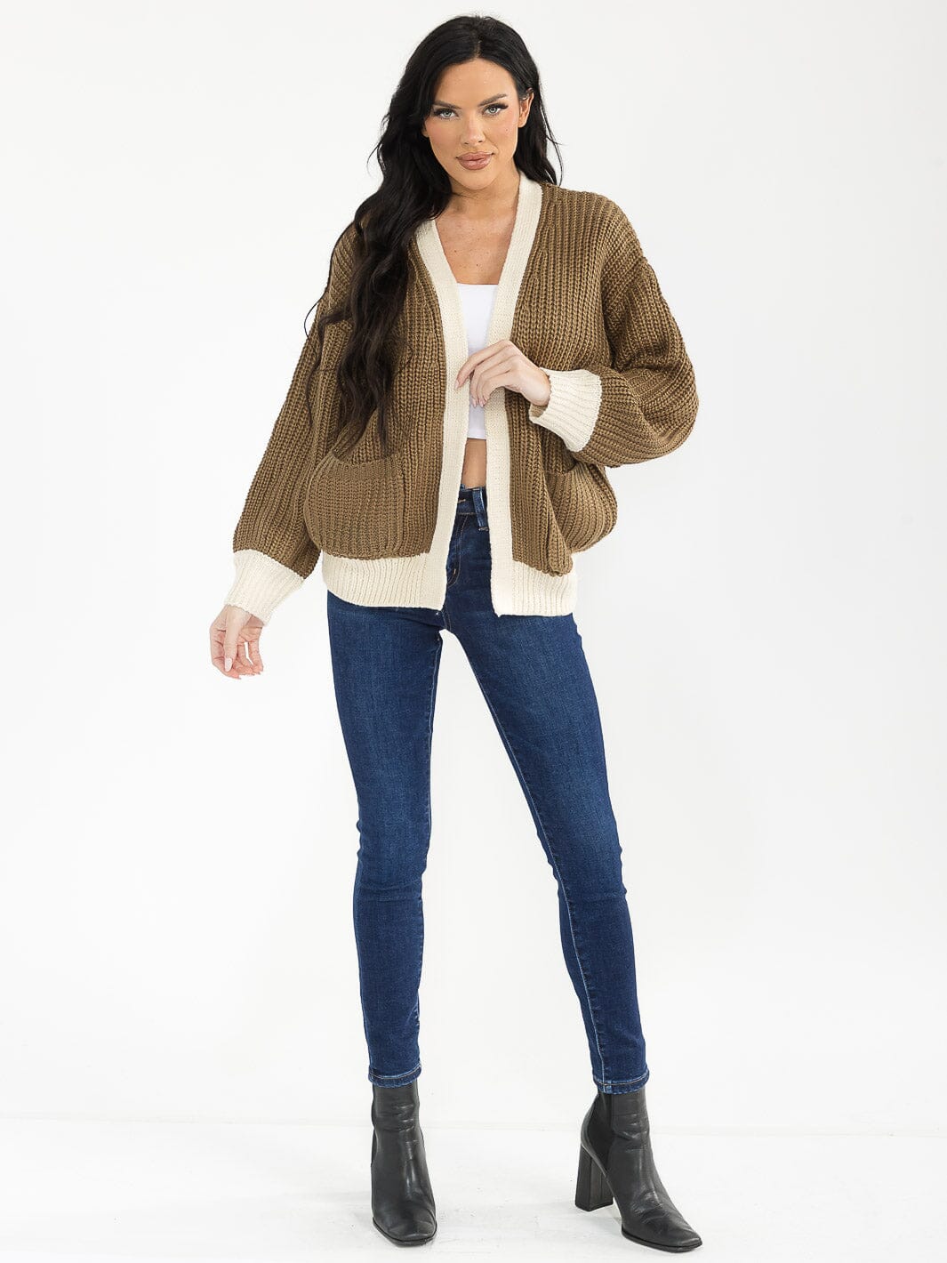 WOMEN'S LONG SLEEVE OPEN FRONT POCKETS COLORBLOCK KNIT CARDIGAN