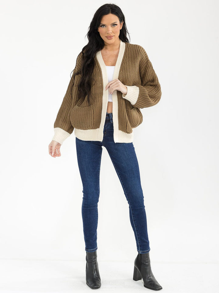 WOMEN'S LONG SLEEVE OPEN FRONT POCKETS COLORBLOCK KNIT CARDIGAN