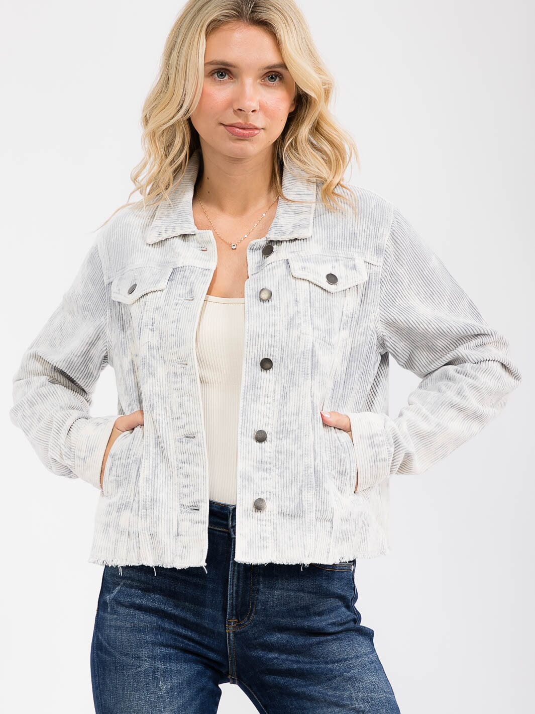 WOMEN'S LONG SLEEVE FRONT POCKETS BUTTON CLOSURE CORDUROY JACKET