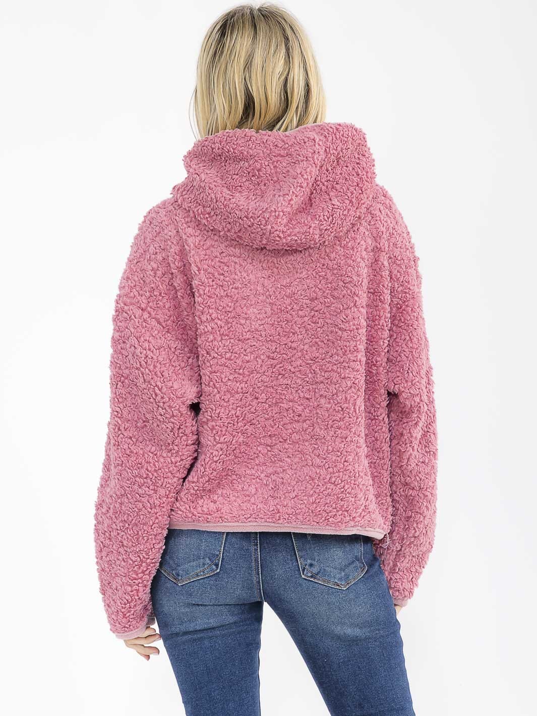 WOMEN'S LONG SLEEVE ZIPPER CLOSURE FRONT POCKETS HOODED SHERPA JACKET