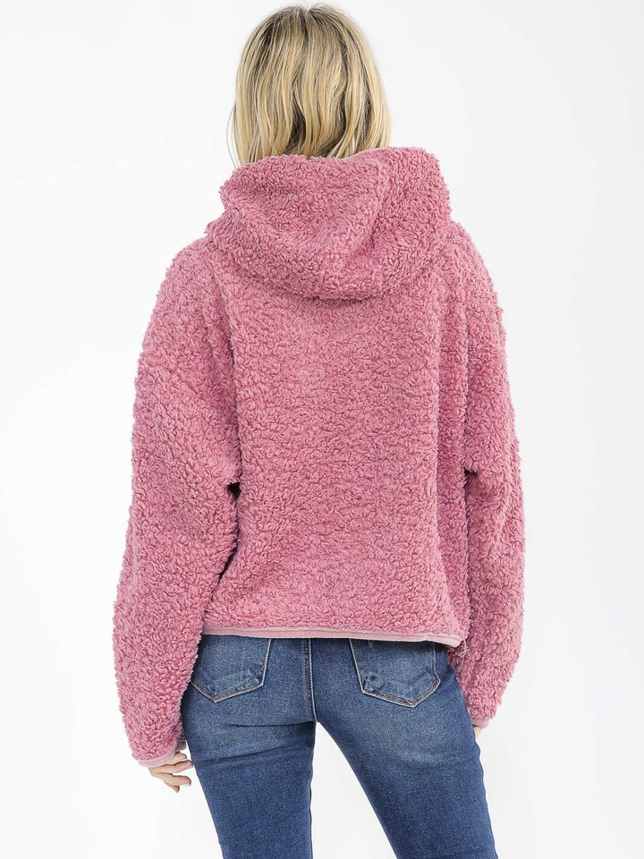 WOMEN'S LONG SLEEVE ZIPPER CLOSURE FRONT POCKETS HOODED SHERPA JACKET