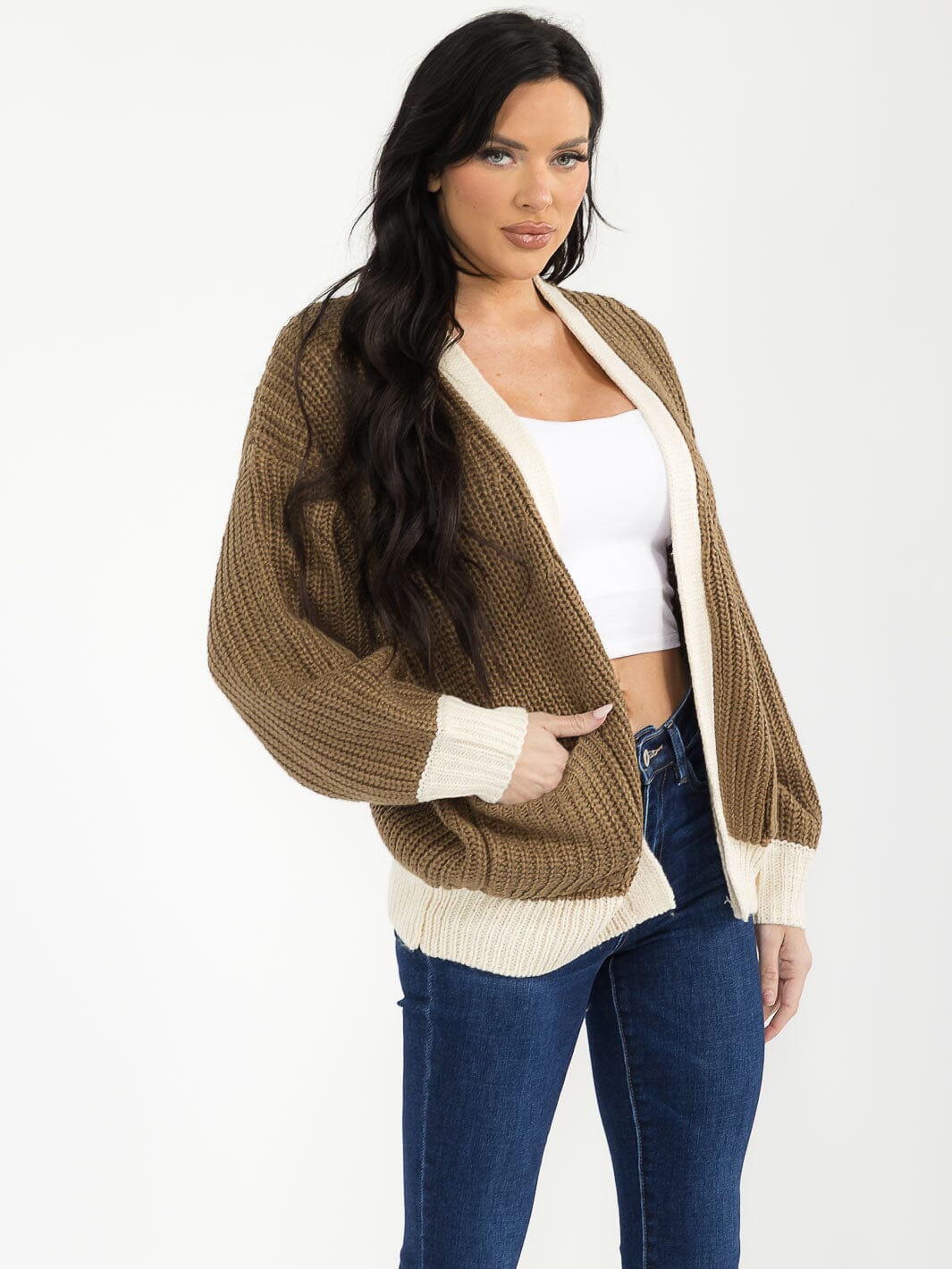 WOMEN'S LONG SLEEVE OPEN FRONT POCKETS COLORBLOCK KNIT CARDIGAN