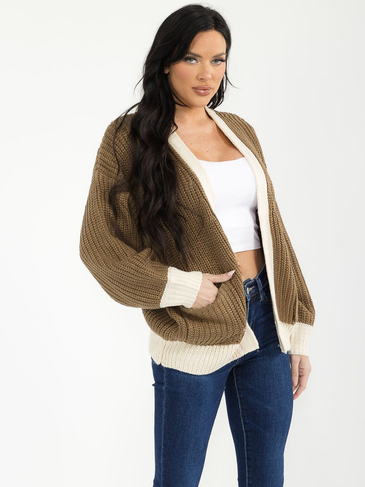 WOMEN'S LONG SLEEVE OPEN FRONT POCKETS COLORBLOCK KNIT CARDIGAN