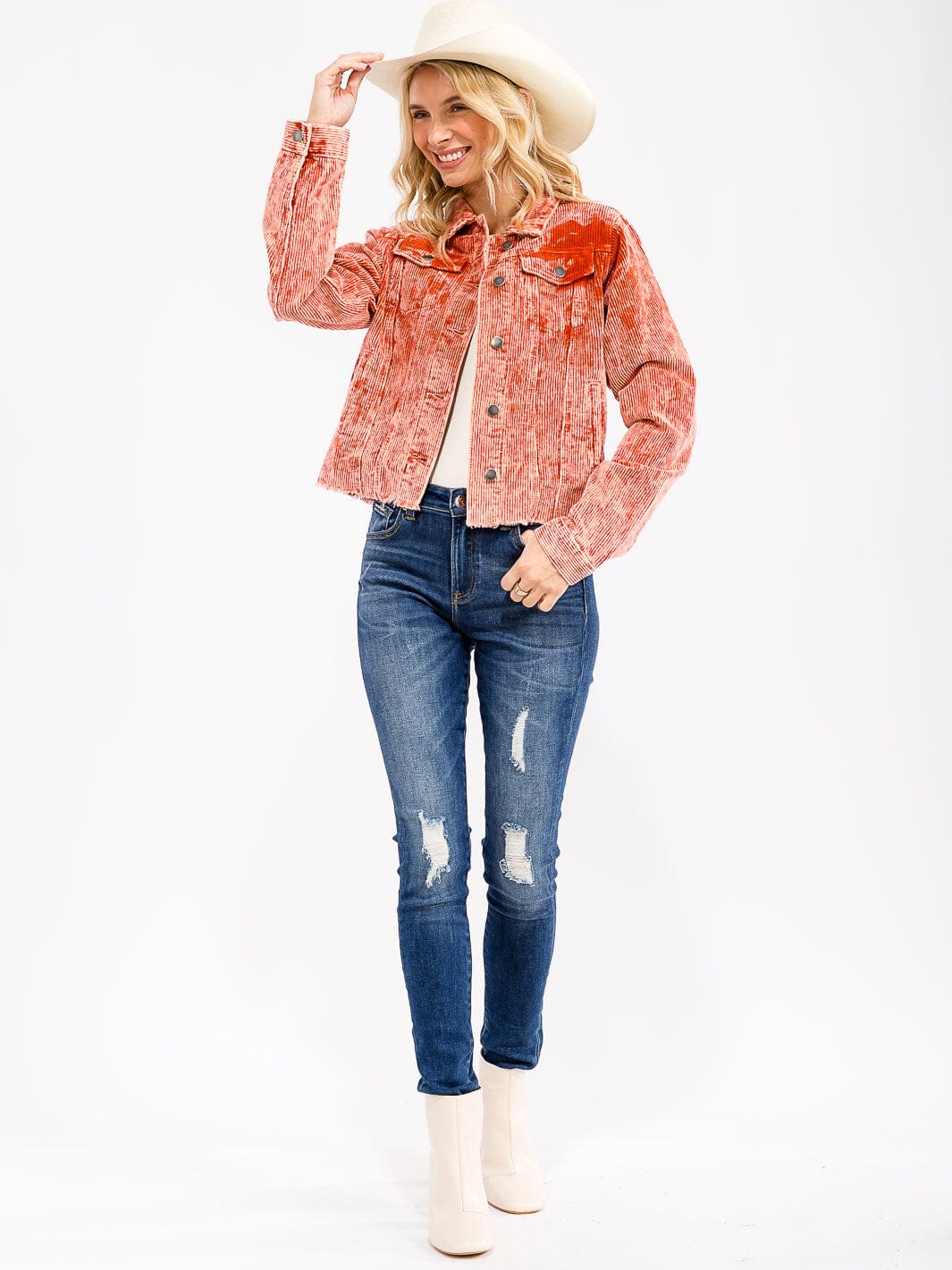 WOMEN'S LONG SLEEVE FRONT POCKETS BUTTON CLOSURE CORDUROY JACKET