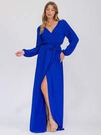 WOMEN'S LONG SLEEVE SURPLICE SELF TIE OPEN BACK MAXI GOWN DRESS