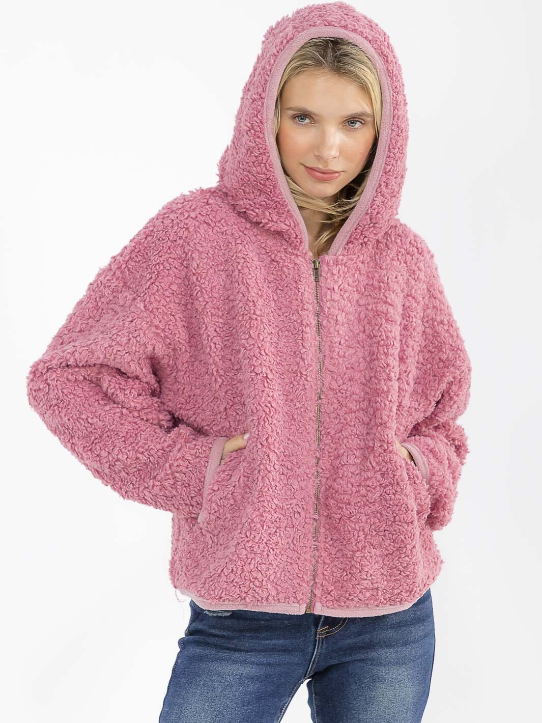 WOMEN'S LONG SLEEVE ZIPPER CLOSURE FRONT POCKETS HOODED SHERPA JACKET