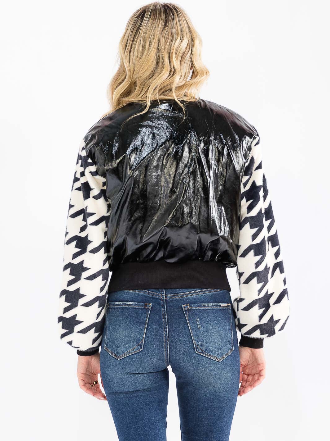 WOMEN'S LONG SLEEVE ZIP UP FRONT POCKETS PUFFER PU PLEATHER JACKET