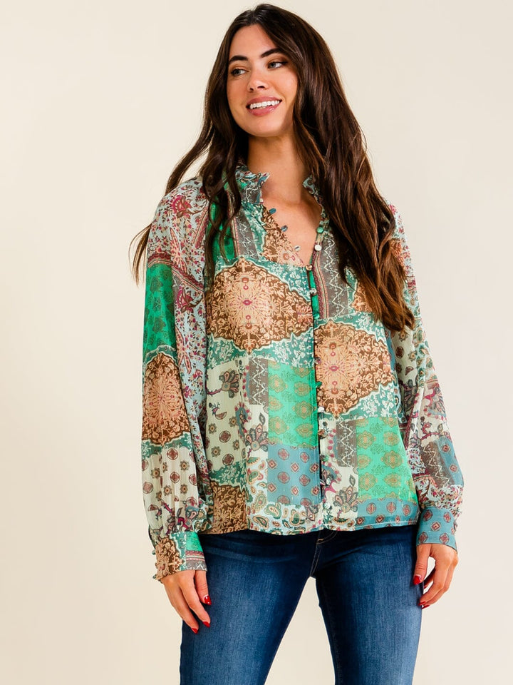 ENTRO WOMEN'S LONG SLEEVE V-NECK BUTTON UP MULTI PRINT BLOUSE