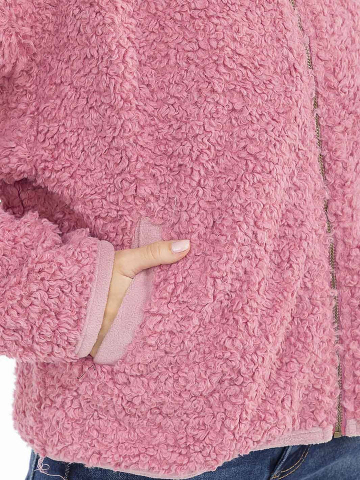 WOMEN'S LONG SLEEVE ZIPPER CLOSURE FRONT POCKETS HOODED SHERPA JACKET