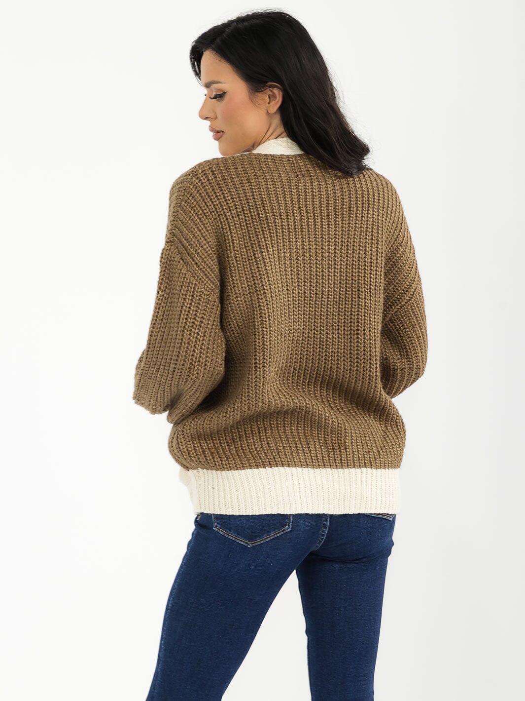 WOMEN'S LONG SLEEVE OPEN FRONT POCKETS COLORBLOCK KNIT CARDIGAN