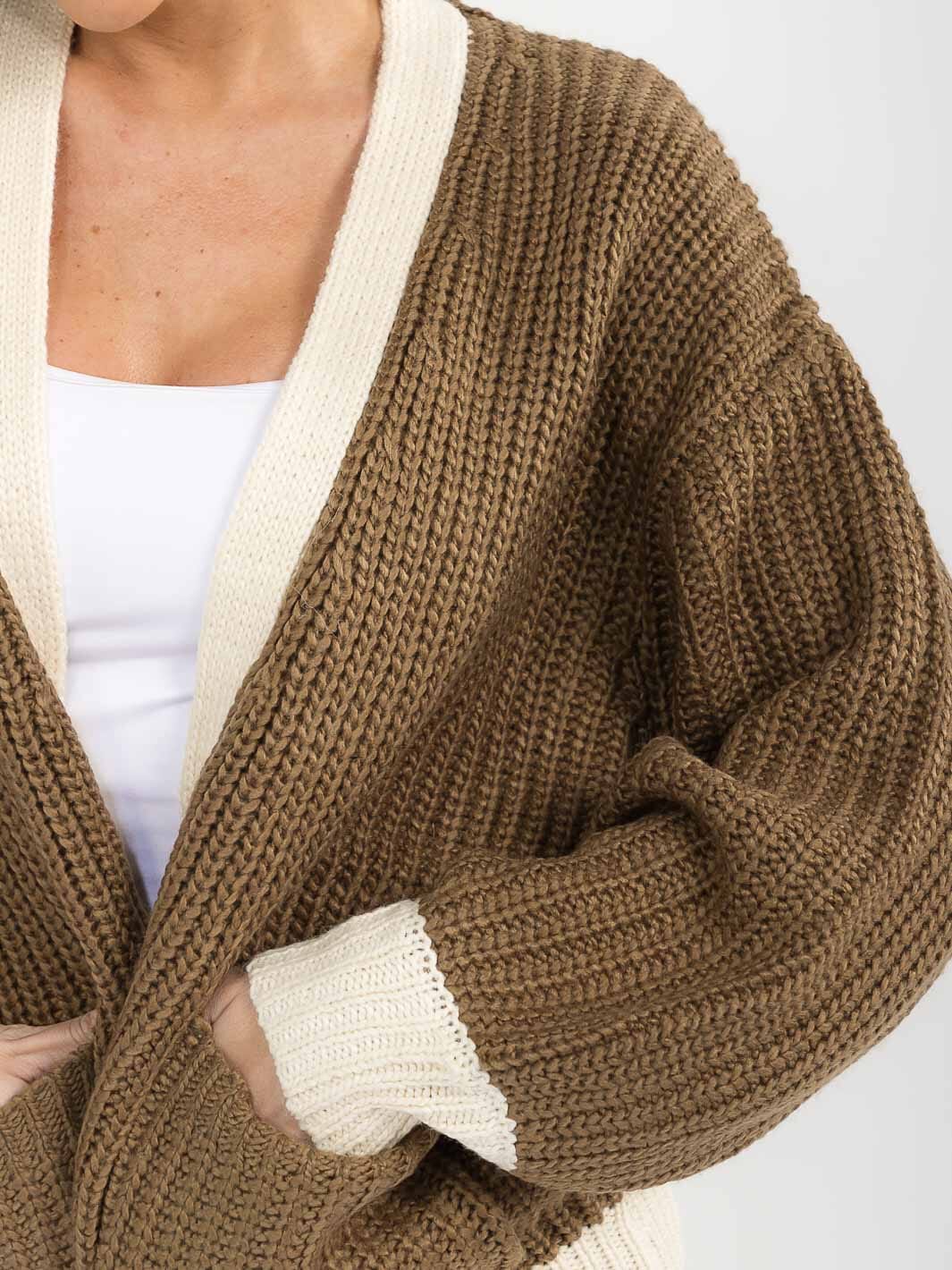 WOMEN'S LONG SLEEVE OPEN FRONT POCKETS COLORBLOCK KNIT CARDIGAN