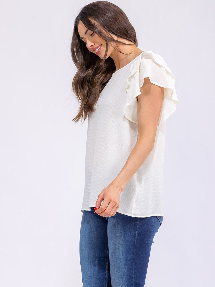 WOMEN'S SHORT RUFFLE SLEEVE LOOSE FIT BLOUSE