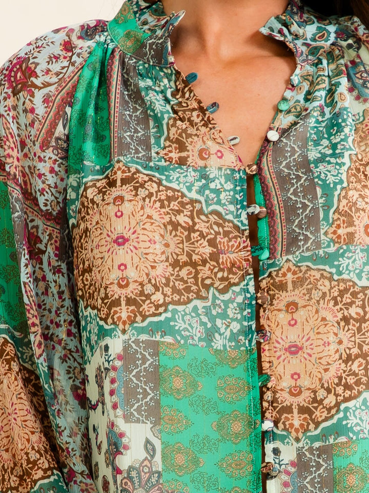 ENTRO WOMEN'S LONG SLEEVE V-NECK BUTTON UP MULTI PRINT BLOUSE
