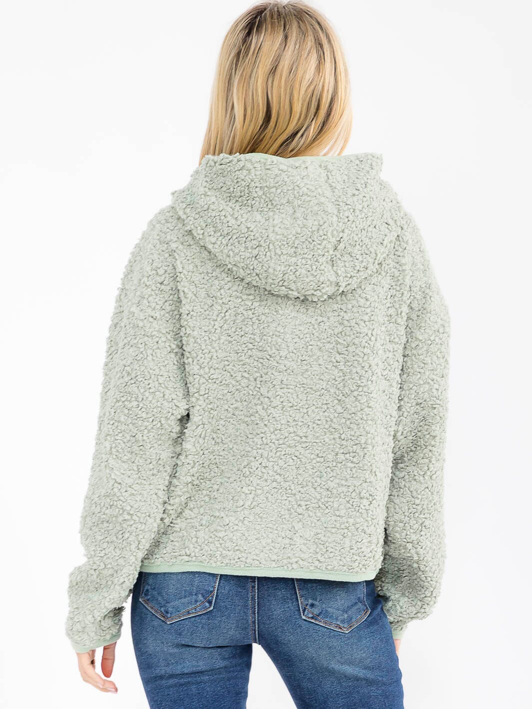 WOMEN'S LONG SLEEVE ZIPPER CLOSURE FRONT POCKETS HOODED SHERPA JACKET