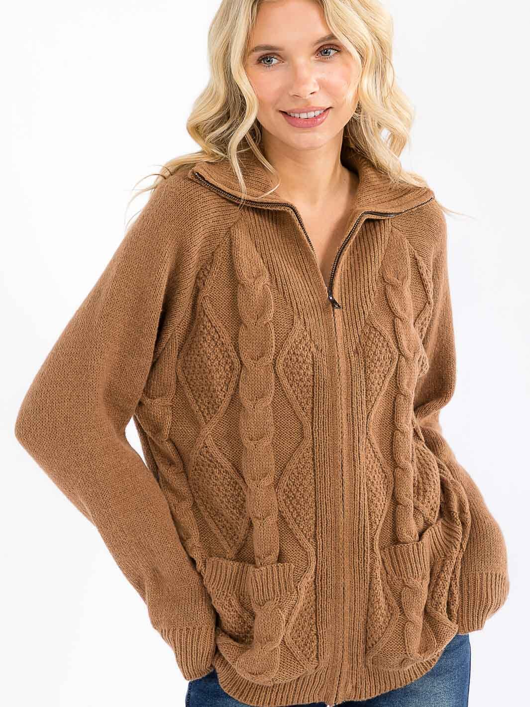 WOMEN'S LONG SLEEVE ZIPPER CLOSURE FRONT POCKETS CABLE KNIT SWEATER