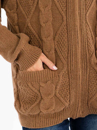 WOMEN'S LONG SLEEVE ZIPPER CLOSURE FRONT POCKETS CABLE KNIT SWEATER