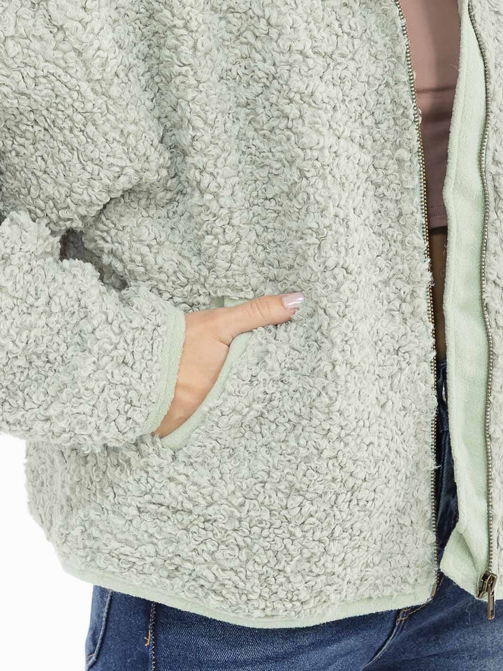 WOMEN'S LONG SLEEVE ZIPPER CLOSURE FRONT POCKETS HOODED SHERPA JACKET