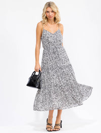 WOMEN'S SLEEVELESS V-NECK ELASTIC WAIST TIERED ANIMAL PRINT MAXI DRESS