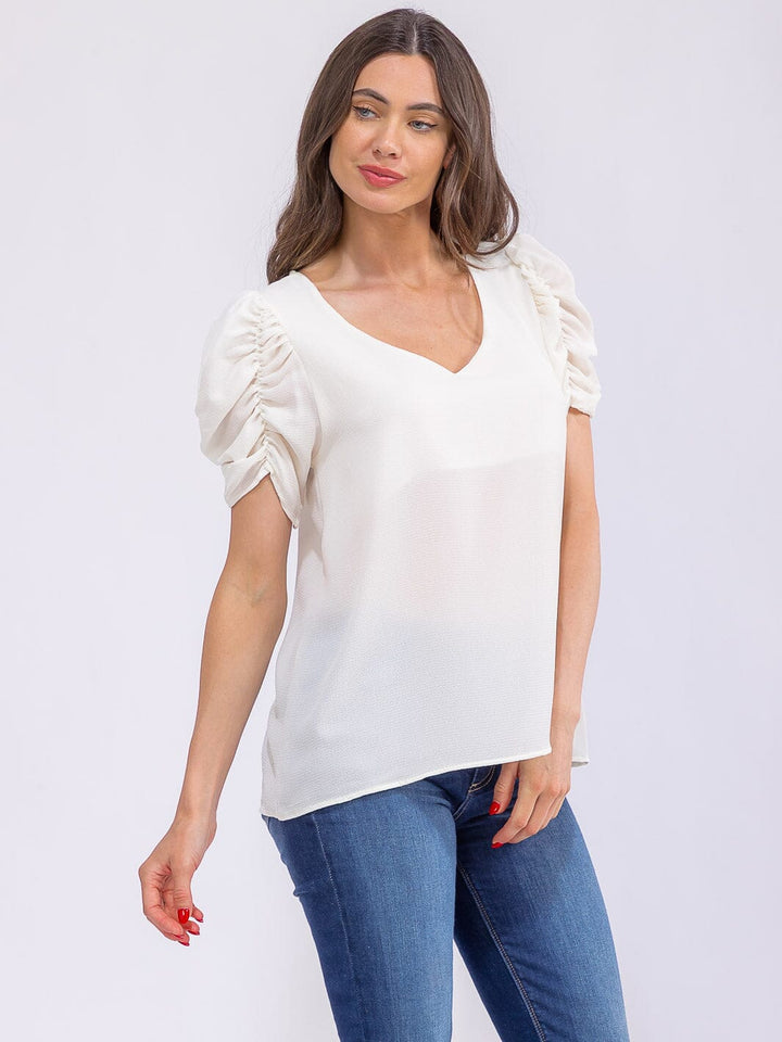 WOMEN'S SHORT PUFF SLEEVE V-NECK BLOUSE