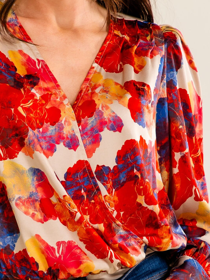 ENTRO WOMEN'S LONG SLEEVE SURPLICE FLORAL BODYSUIT