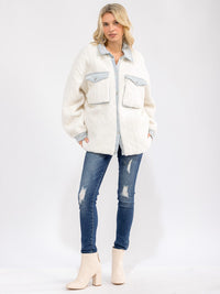 WOMEN'S LONG SLEEVE BUTTON CLOSURE FRONT POCKETS SHERPA JACKET