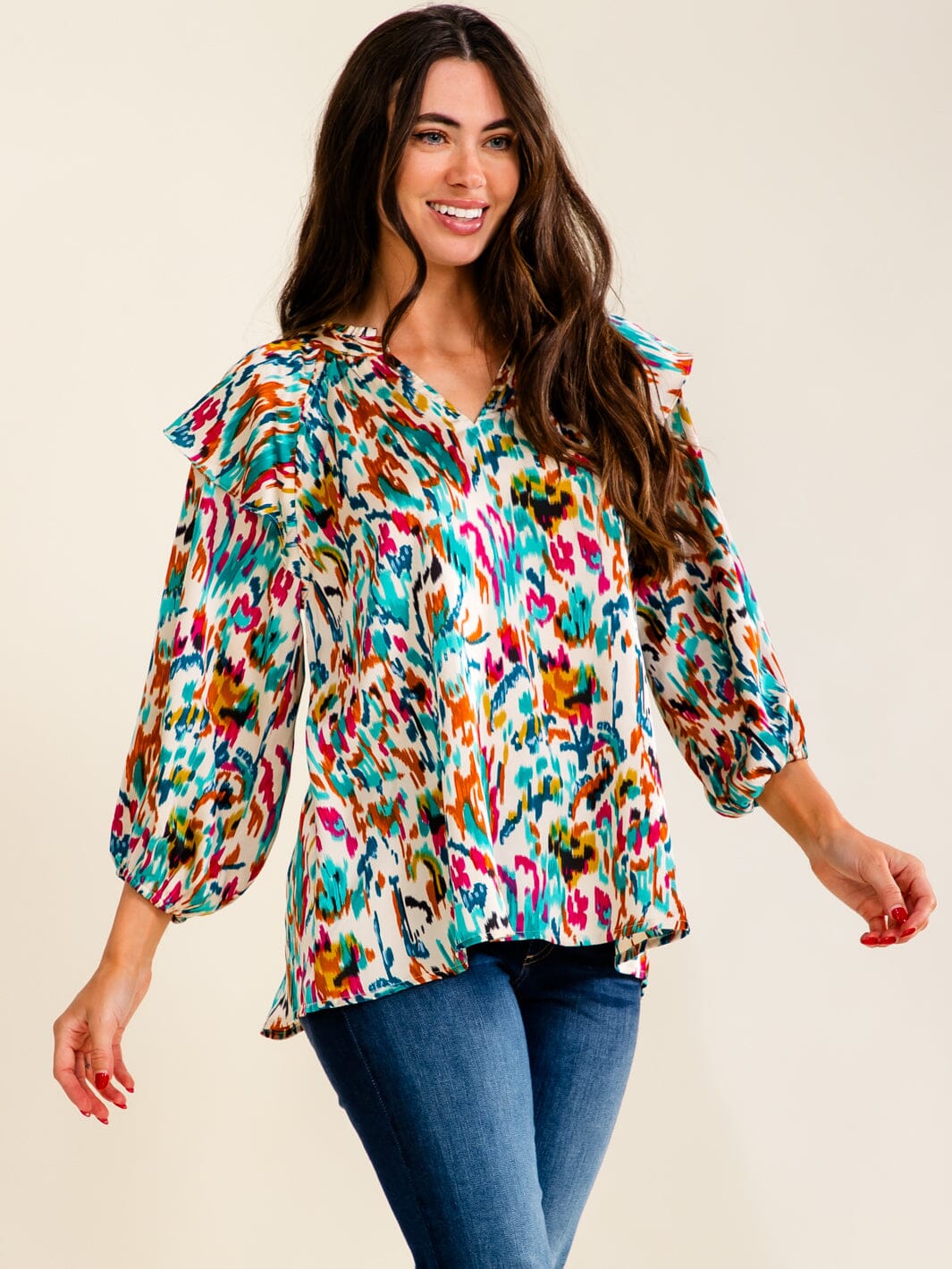 ENTRO WOMEN'S 3/4 SLEEVE V-NECK MULTI PRINT BLOUSE