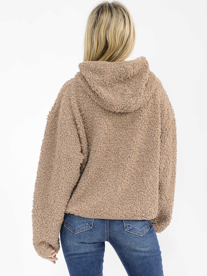 WOMEN'S LONG SLEEVE ZIPPER CLOSURE FRONT POCKETS HOODED SHERPA JACKET