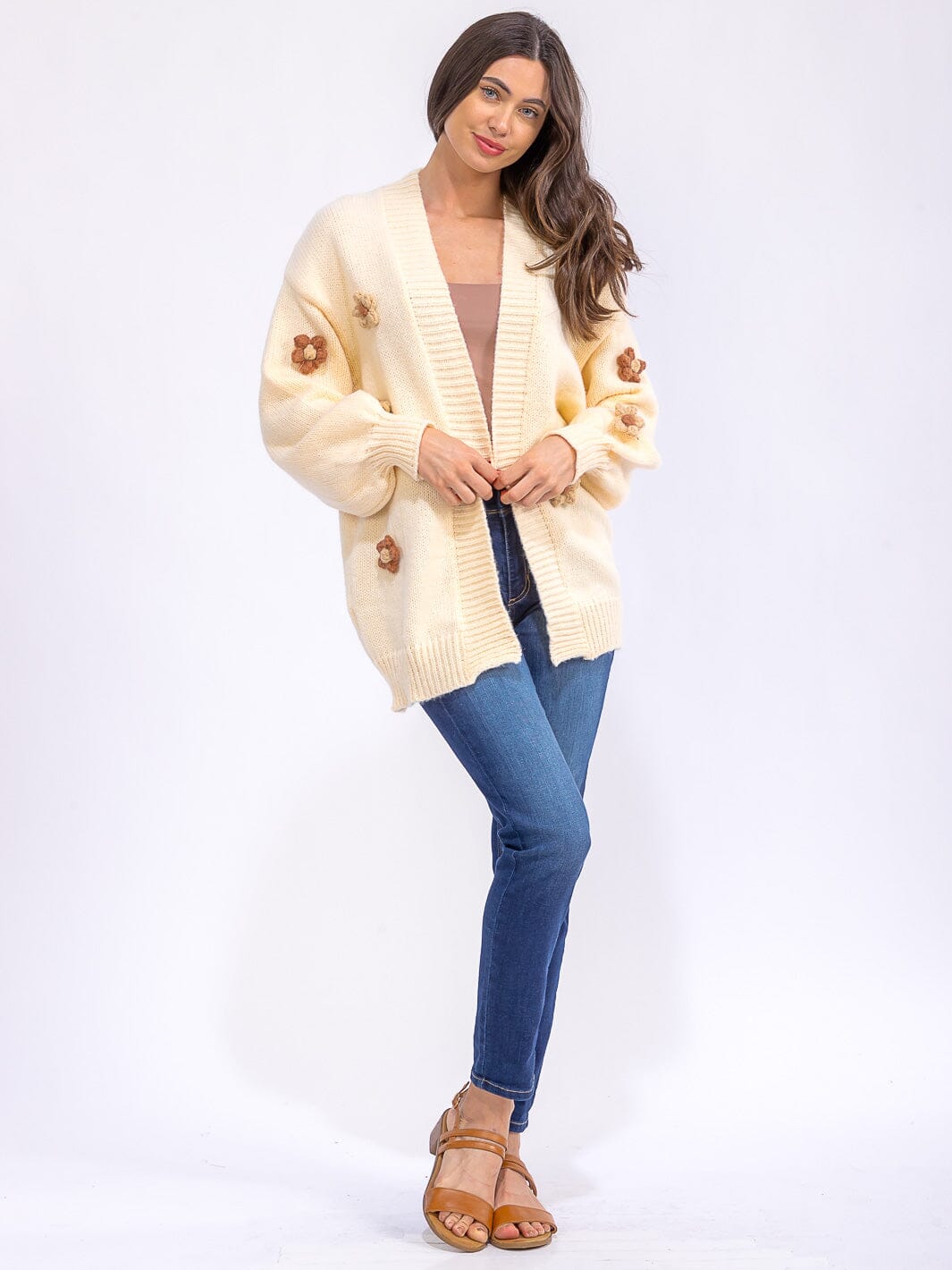 WOMEN'S LONG SLEEVE OPEN FRONT FLORAL DETAILED CARDIGAN