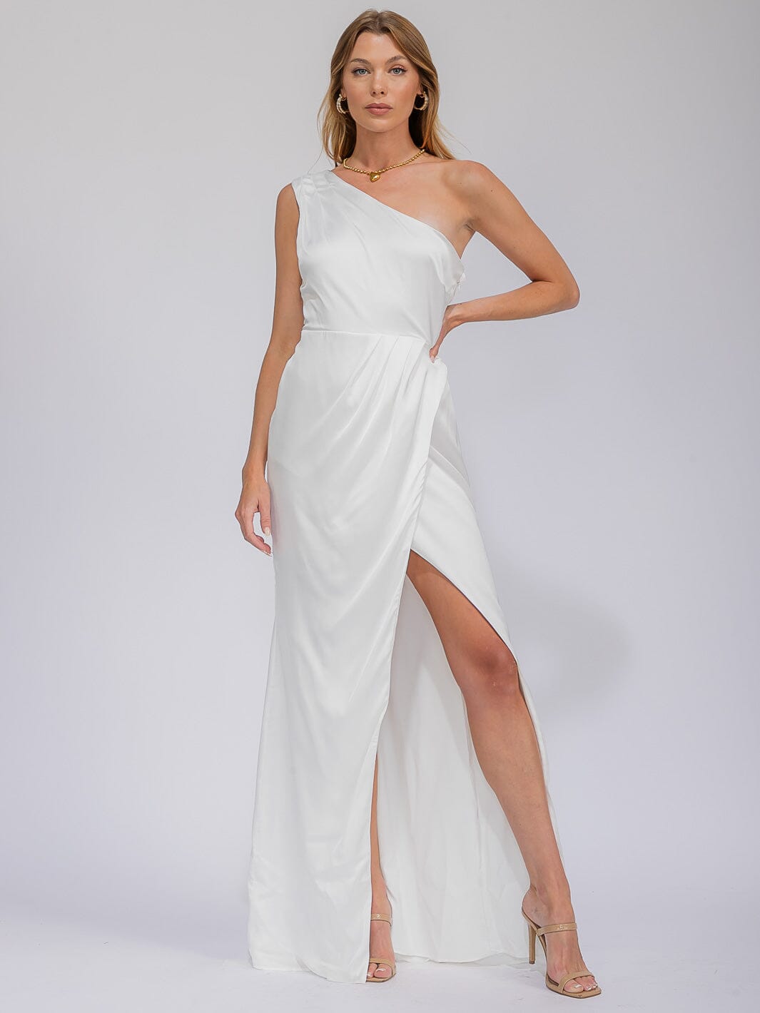 WOMEN'S SLEEVELESS ONE SHOULDER SURPLICE FRONT SLIT MAXI GOWN DRESS