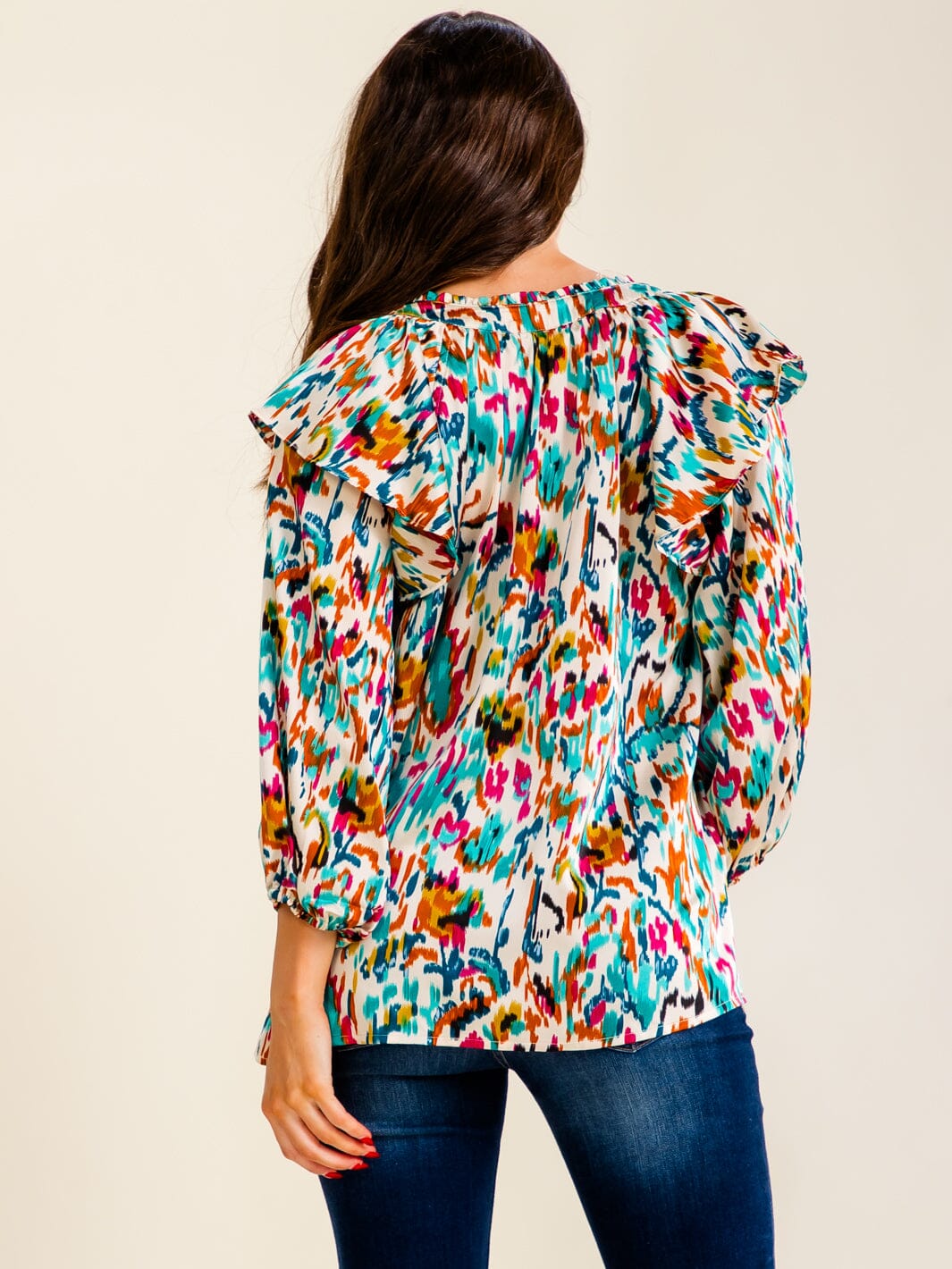 ENTRO WOMEN'S 3/4 SLEEVE V-NECK MULTI PRINT BLOUSE