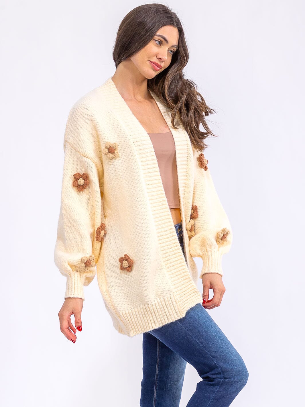 WOMEN'S LONG SLEEVE OPEN FRONT FLORAL DETAILED CARDIGAN