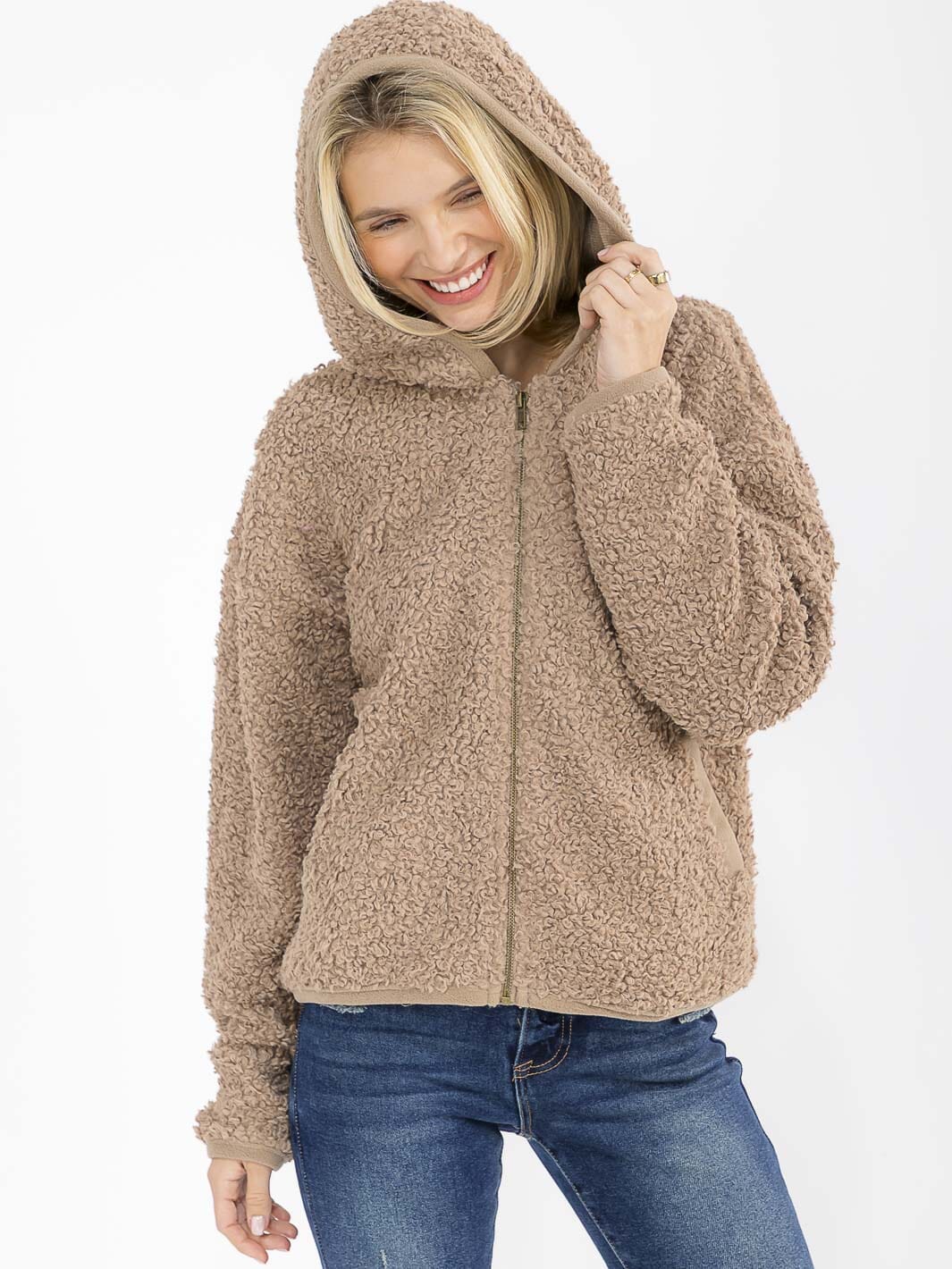 WOMEN'S LONG SLEEVE ZIPPER CLOSURE FRONT POCKETS HOODED SHERPA JACKET