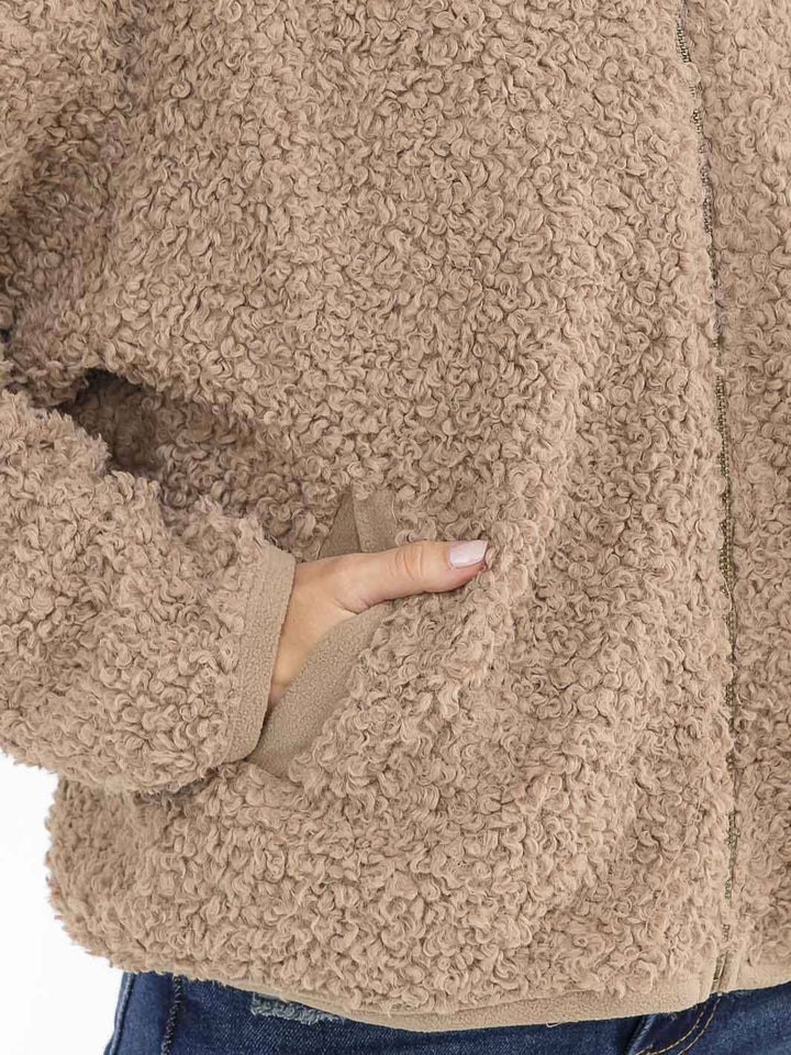 WOMEN'S LONG SLEEVE ZIPPER CLOSURE FRONT POCKETS HOODED SHERPA JACKET