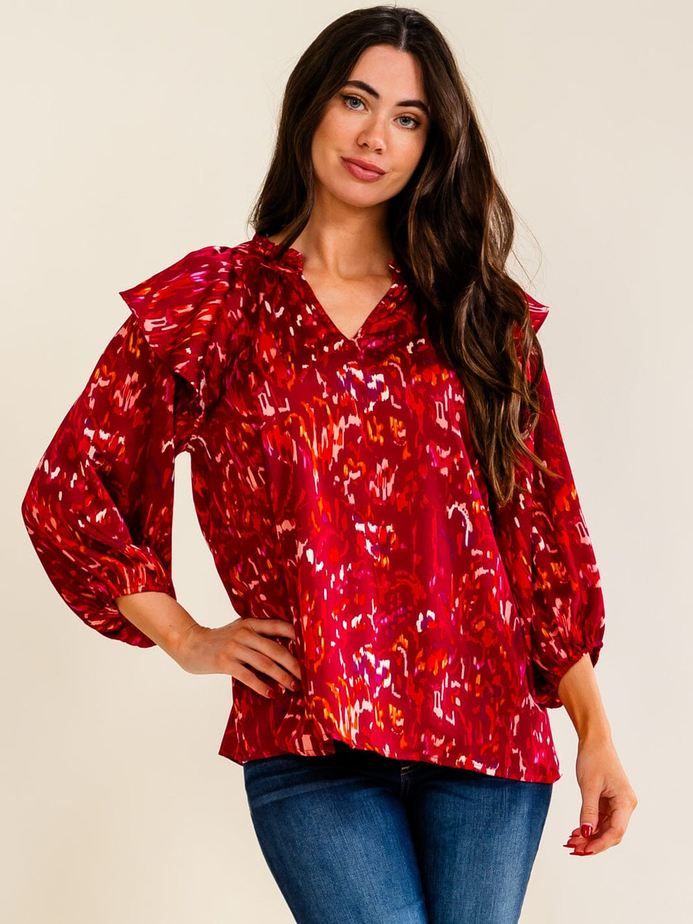 ENTRO WOMEN'S 3/4 SLEEVE V-NECK MULTI PRINT BLOUSE