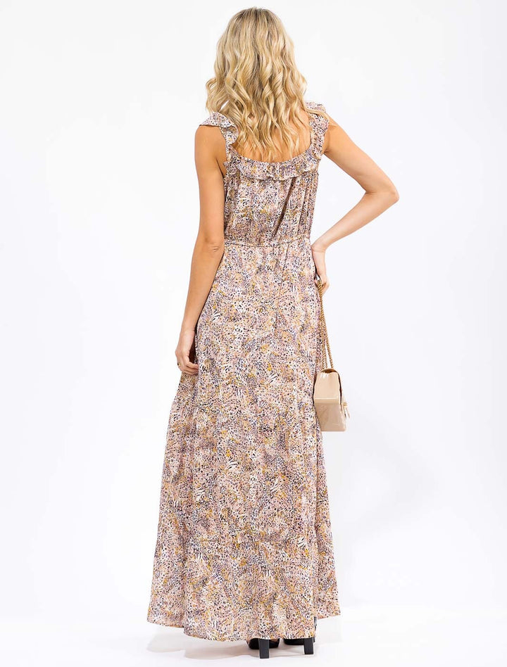 WOMEN'S SLEEVELESS ELASTIC WAIST TIERED ANIMAL PRINT MAXI DRESS