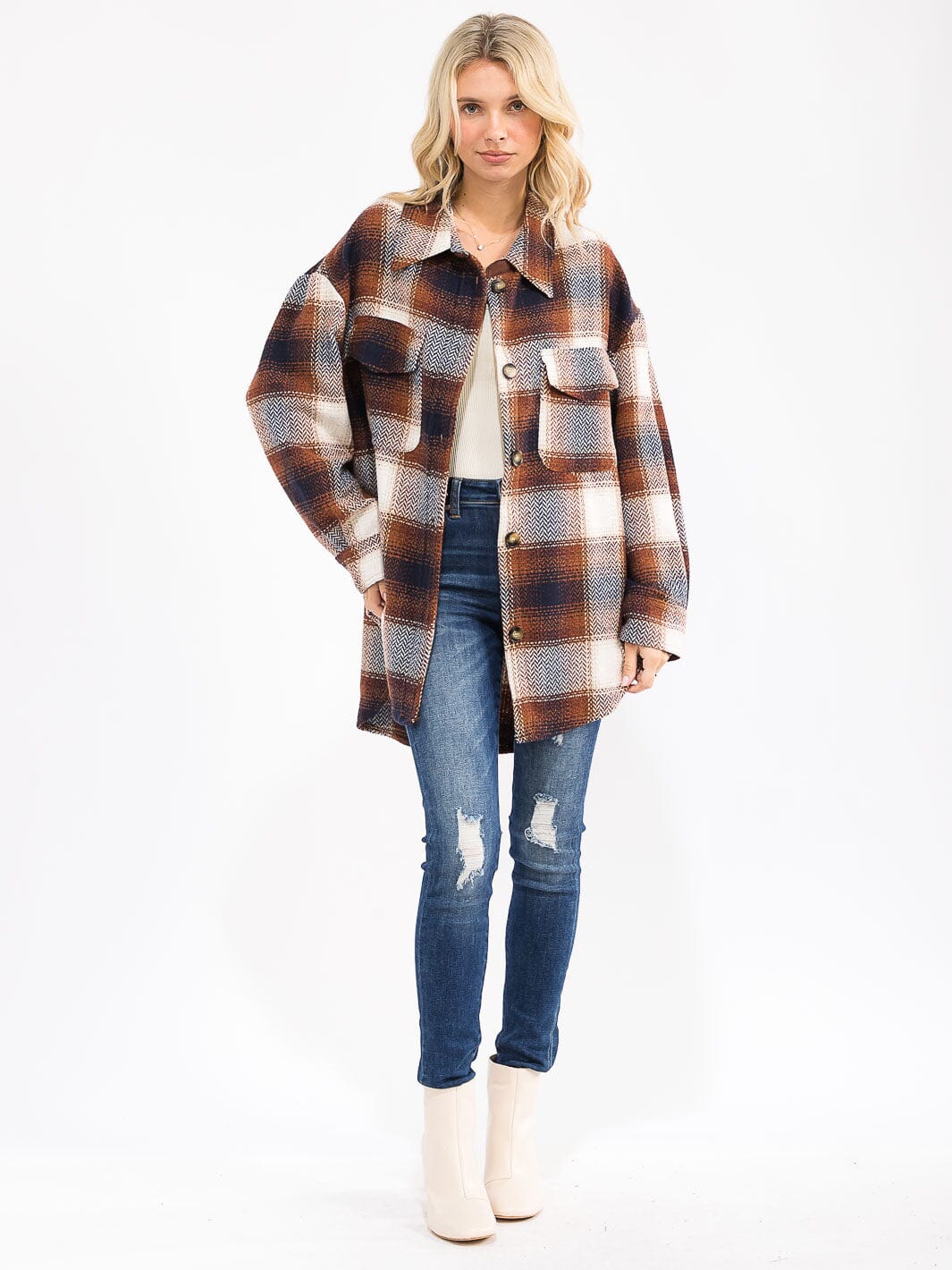 WOMEN'S LONG SLEEVE FRONT POCKETS BUTTON CLOSURE HIGH-LOW PLAID JACKET
