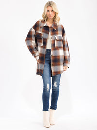 WOMEN'S LONG SLEEVE FRONT POCKETS BUTTON CLOSURE HIGH-LOW PLAID JACKET