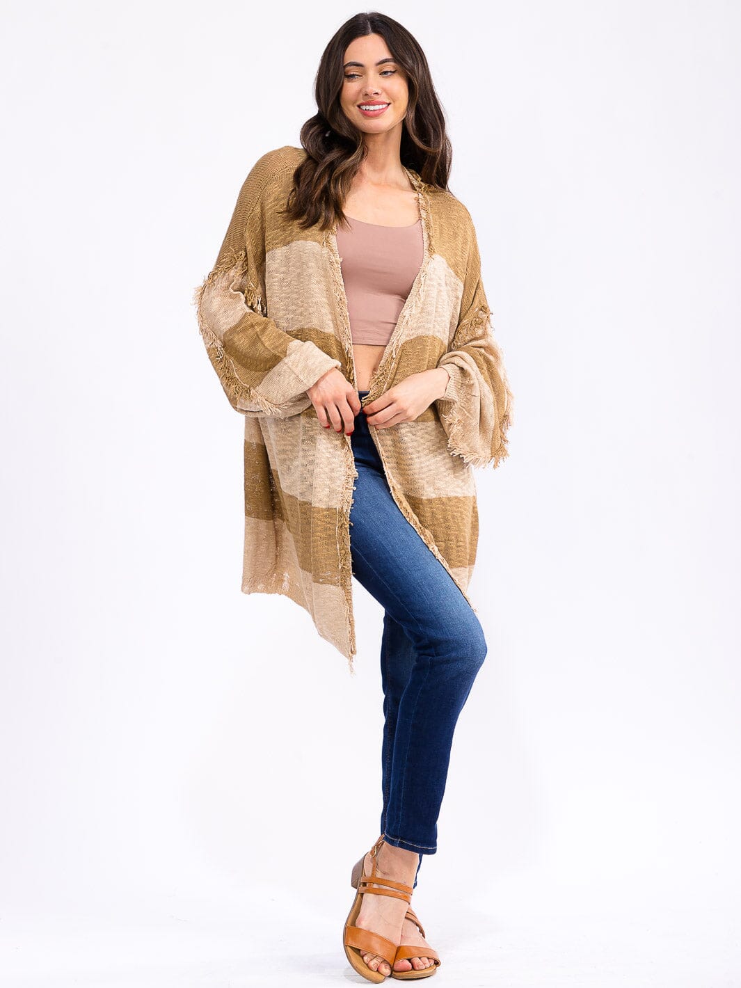 WOMEN'S LONG SLEEVE OPEN FRONT COLORBLOCK KNIT CARDIGAN