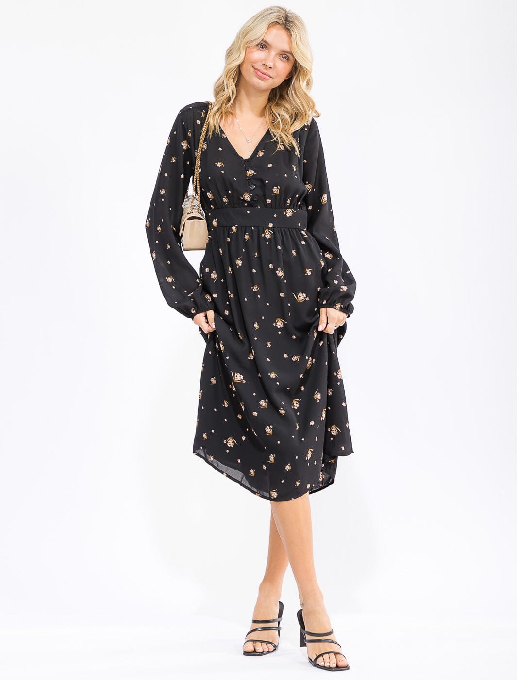 WOMEN'S LONG SLEEVE V-NECK BUTTON UP FLORAL MIDI DRESS