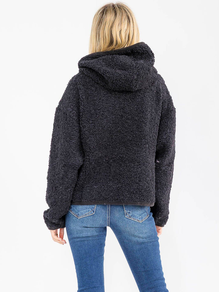 WOMEN'S LONG SLEEVE ZIPPER CLOSURE FRONT POCKETS HOODED SHERPA JACKET