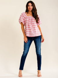 ENTRO WOMEN'S SHORT PUFF SLEEVE SQUARE NECK PLAID BLOUSE