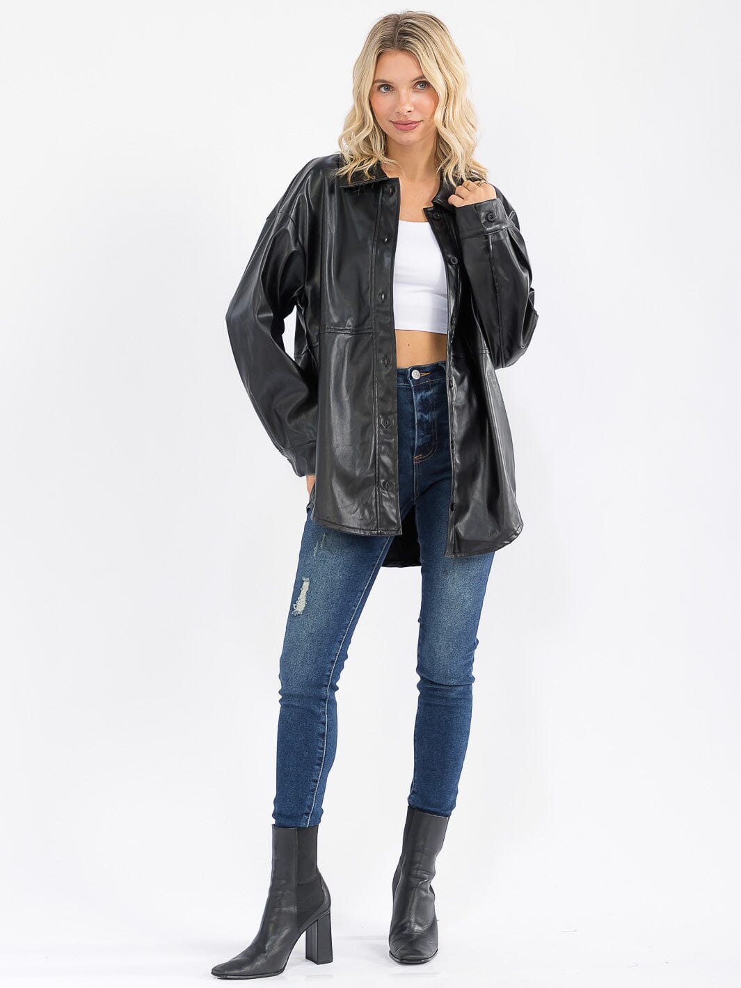 WOMEN'S LONG SLEEVE BUTTON CLOSURE PU PLEATHER SHACKET