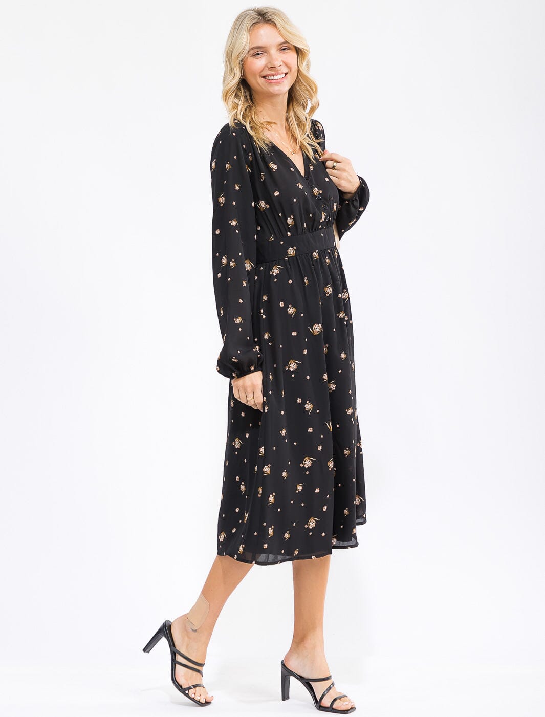 WOMEN'S LONG SLEEVE V-NECK BUTTON UP FLORAL MIDI DRESS