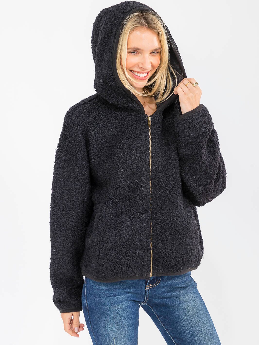 WOMEN'S LONG SLEEVE ZIPPER CLOSURE FRONT POCKETS HOODED SHERPA JACKET
