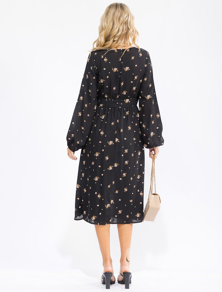 WOMEN'S LONG SLEEVE V-NECK BUTTON UP FLORAL MIDI DRESS