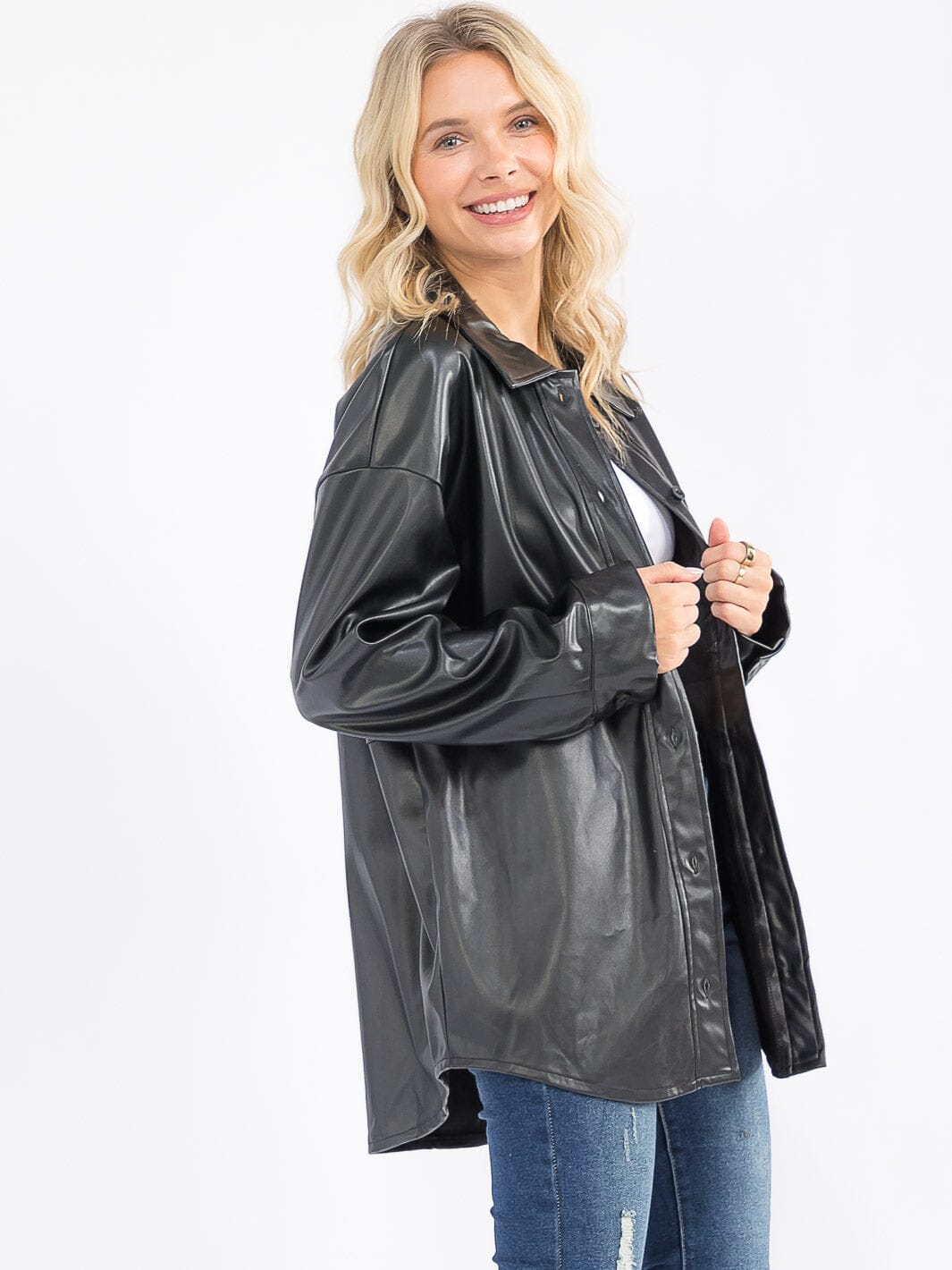 WOMEN'S LONG SLEEVE BUTTON CLOSURE PU PLEATHER SHACKET